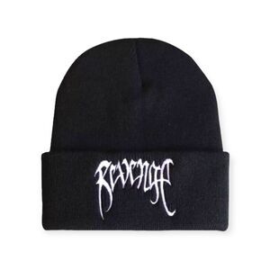 Black Rib Knit Embroidered Revenge Beanie Hat NEW